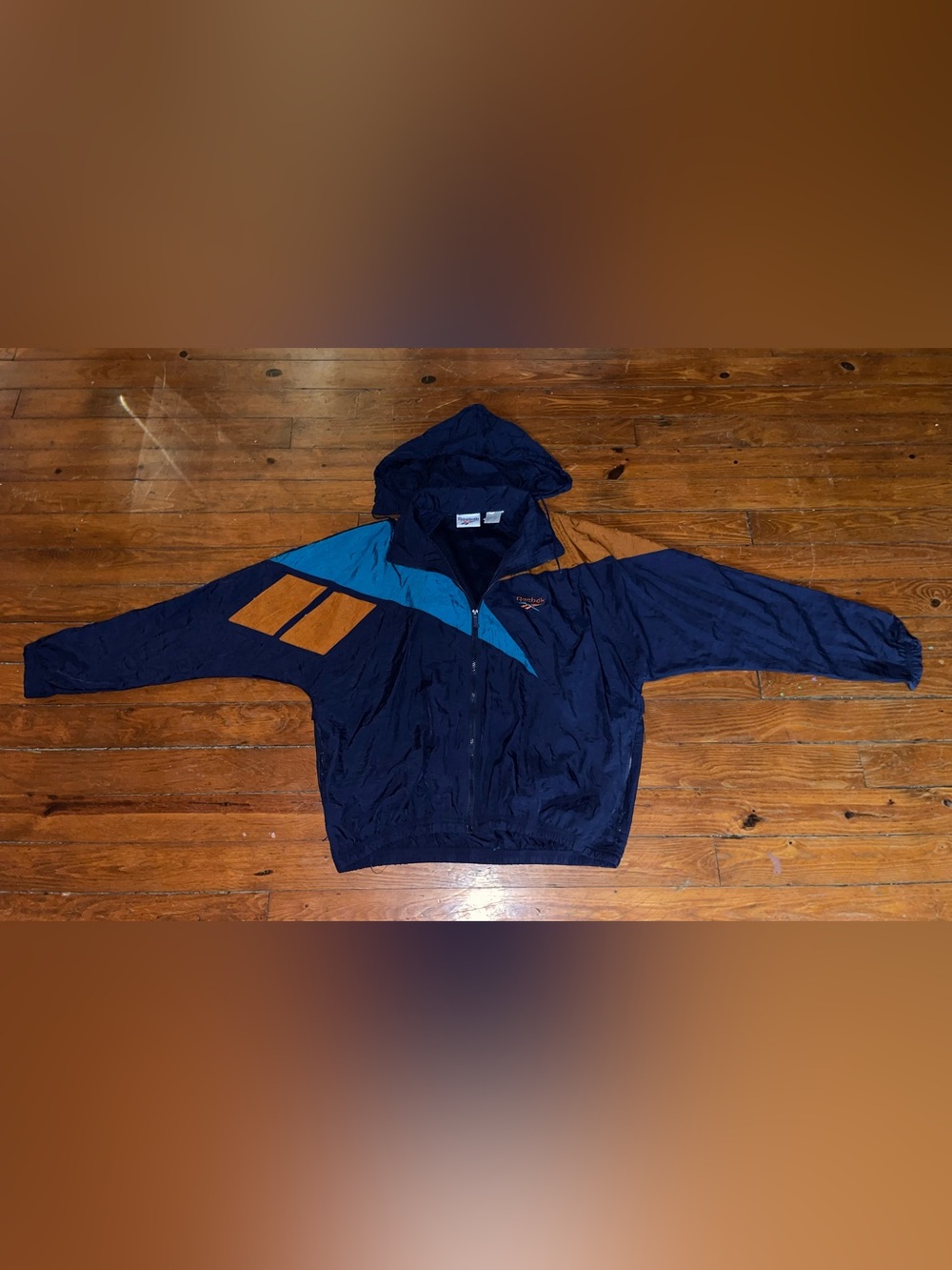 Reebok Men's L Blue Colorblock Hooded Full Zip Windbreaker Nylon Vintage 90s
